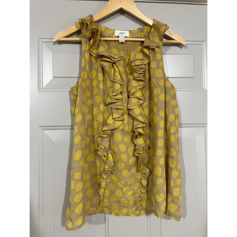 Loft Ruffle Sleeveless Blouse Womens Medium Yellow Polka Dot Excellent Shell Top